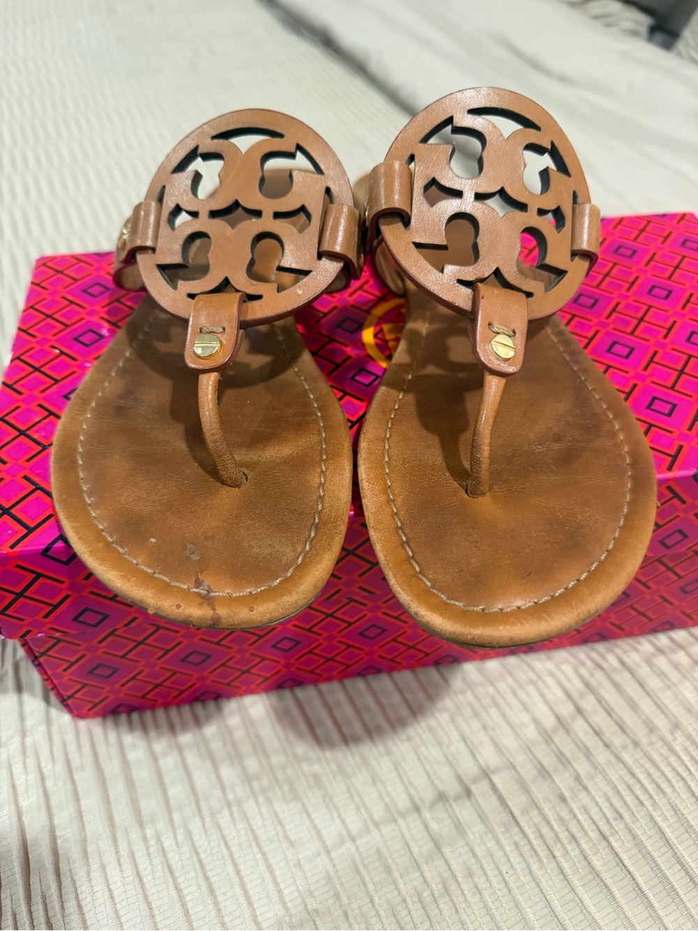 Tory Burch Brown Miller Logo Leather Thong Sandals